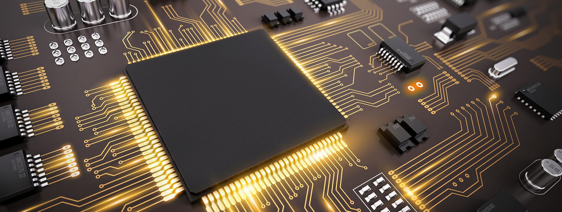 High tech electronic PCB (Printed circuit board) with processor, microchips and glowing digital electronic signals. 3d illustration. UWB-embedded-world-2022